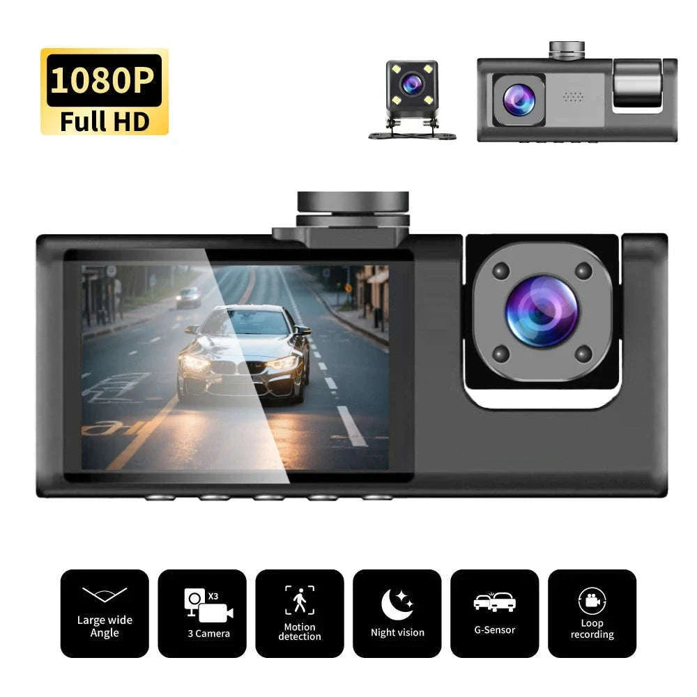 3-Channel Dash Camera with 1080P Front, Inside, Rear View-front inside rear / United States / None