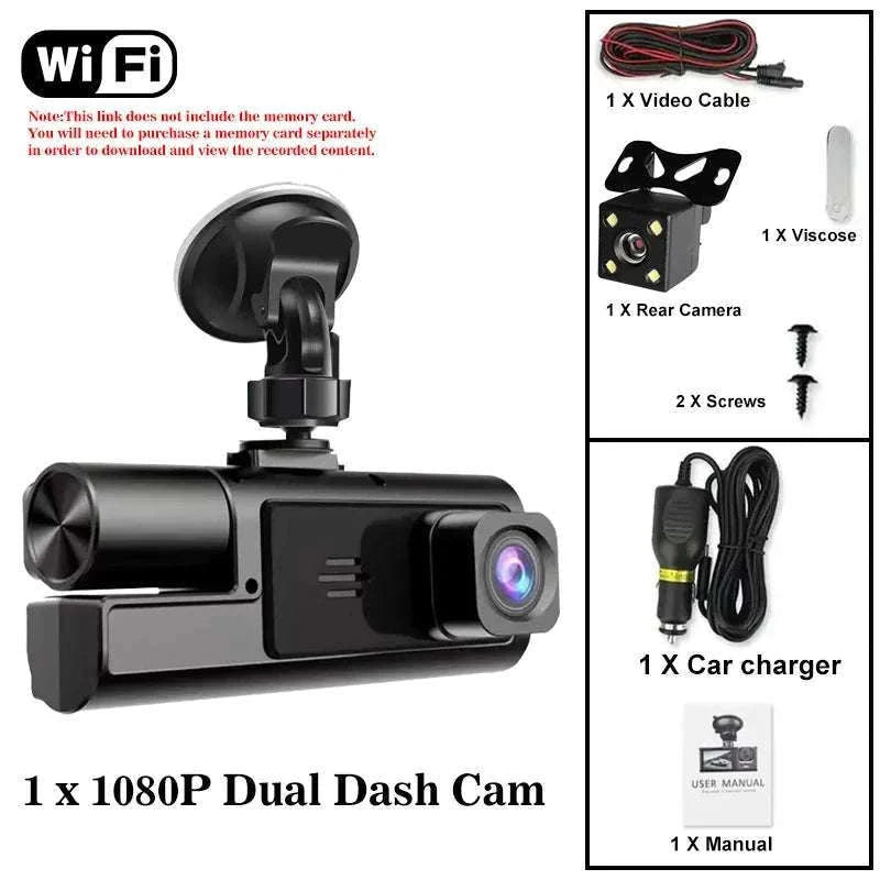 3 Channel WiFi Dash Cam Front Inside Rear 1080P Night Vision DVR-X3