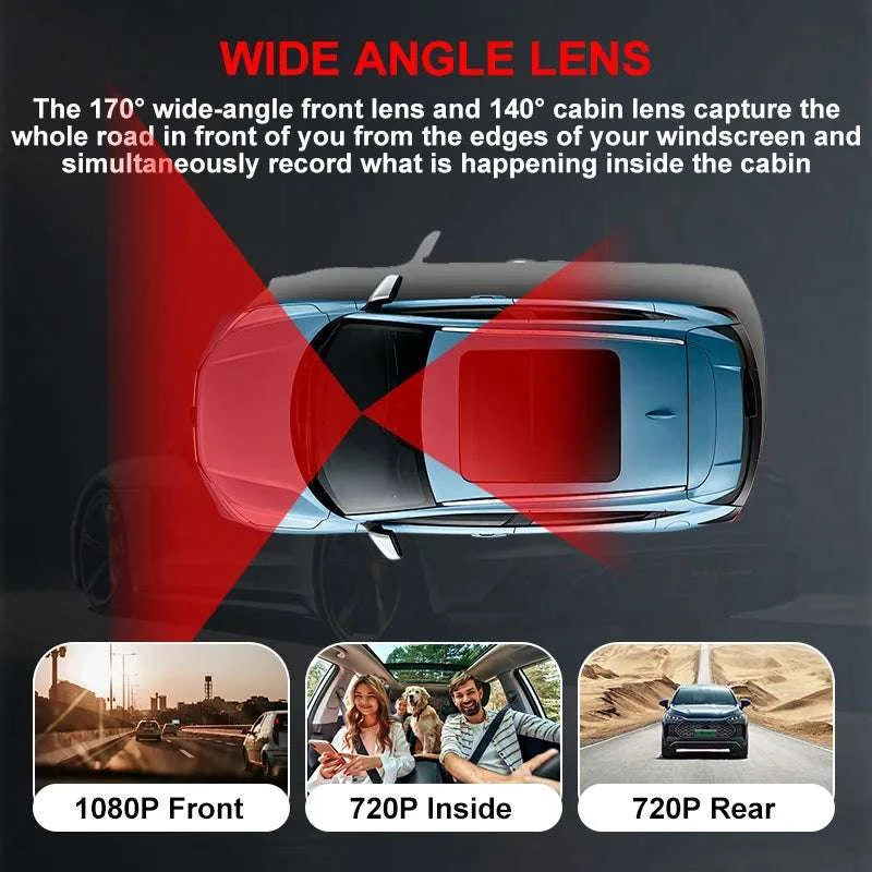 3 Channel WiFi Dash Cam Front Inside Rear 1080P Night Vision DVR-X3