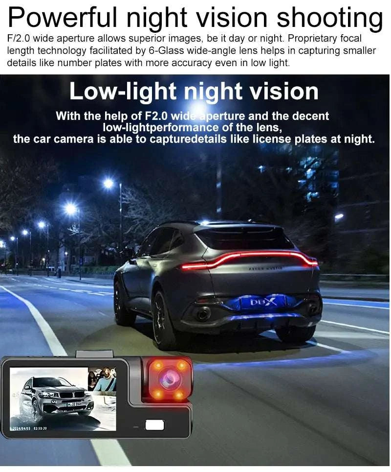 3 Channel WiFi Dash Cam Front Inside Rear 1080P Night Vision DVR-X3