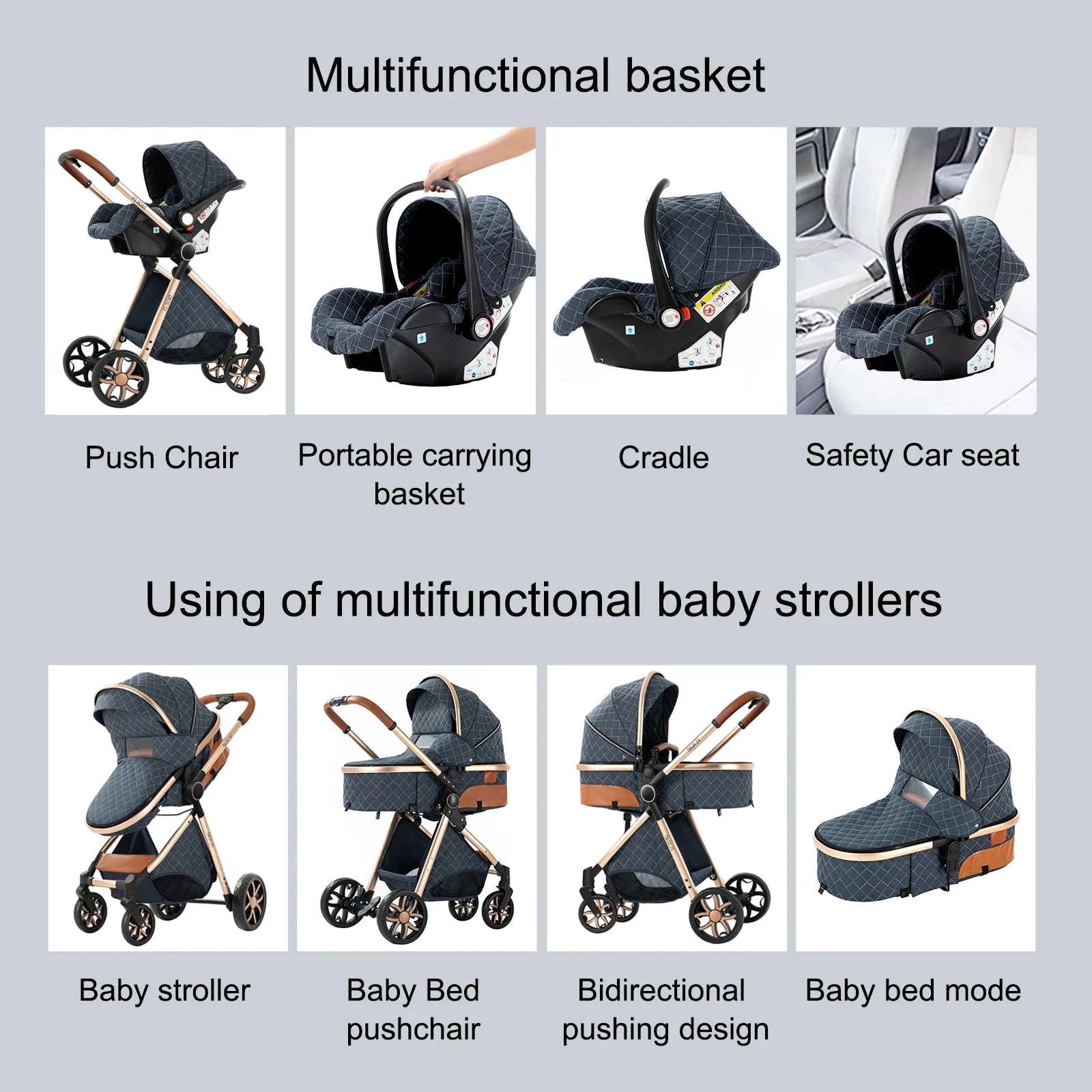 3‑in‑1 Baby Stroller Travel System Pushchair-V9-CHOCOLATE