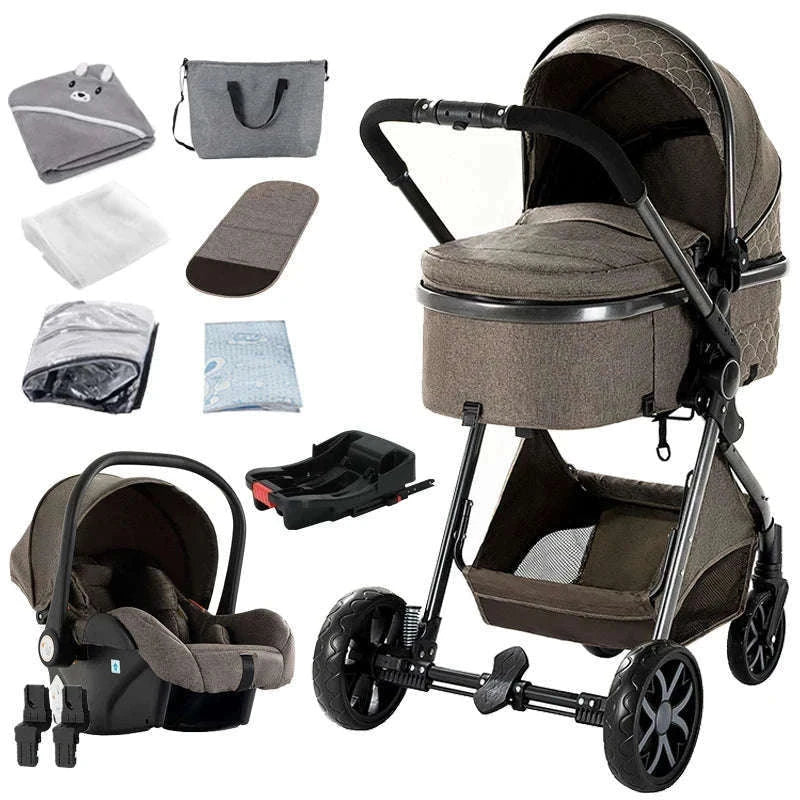 3-in-1 Baby Stroller Travel System Pushchair-V9-CHOCOLATE