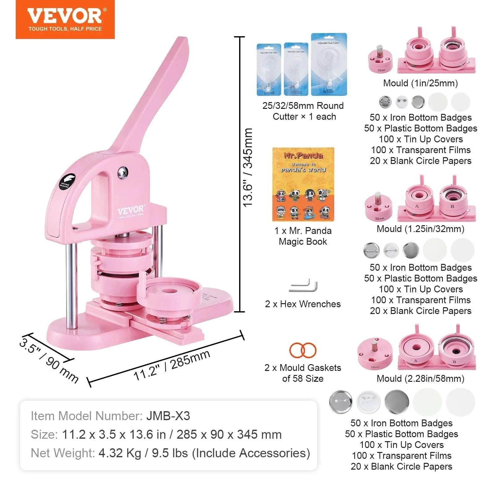 3-in-1 Button Maker Machine Kit with Panda Book & 3 Sizes-3in1 Pink / GERMANY