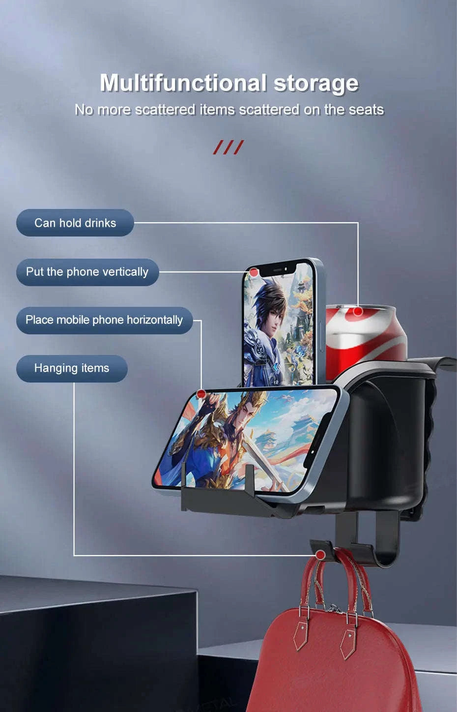 3 in 1 Car Headrest Cup Holder with Phone Mount and Hook-1 pc
