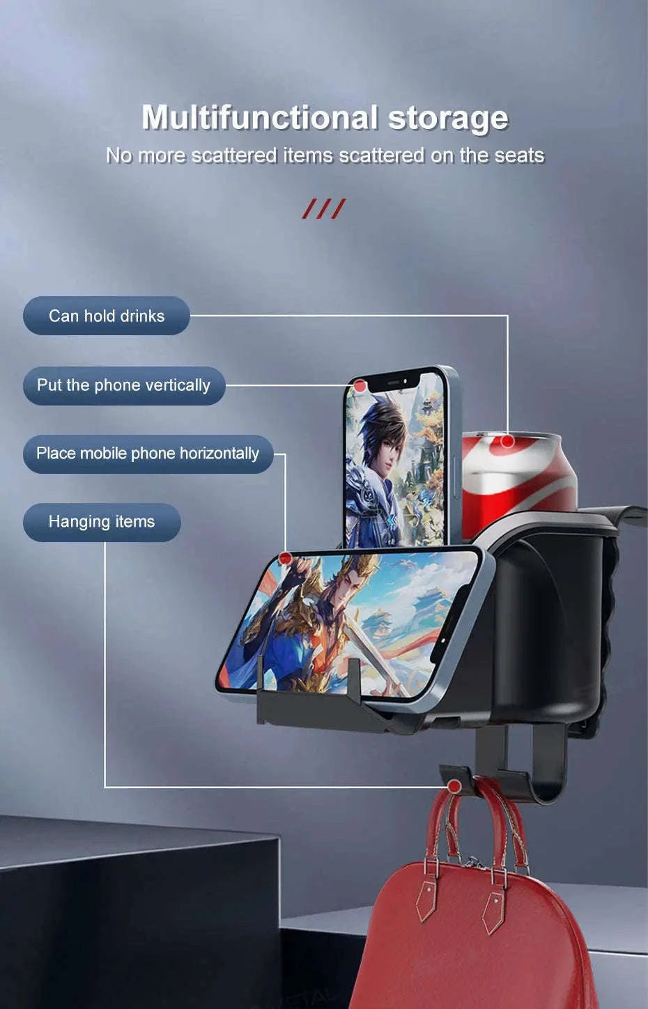 3 in 1 Car Headrest Cup Holder with Phone Mount and Hook-1 pc