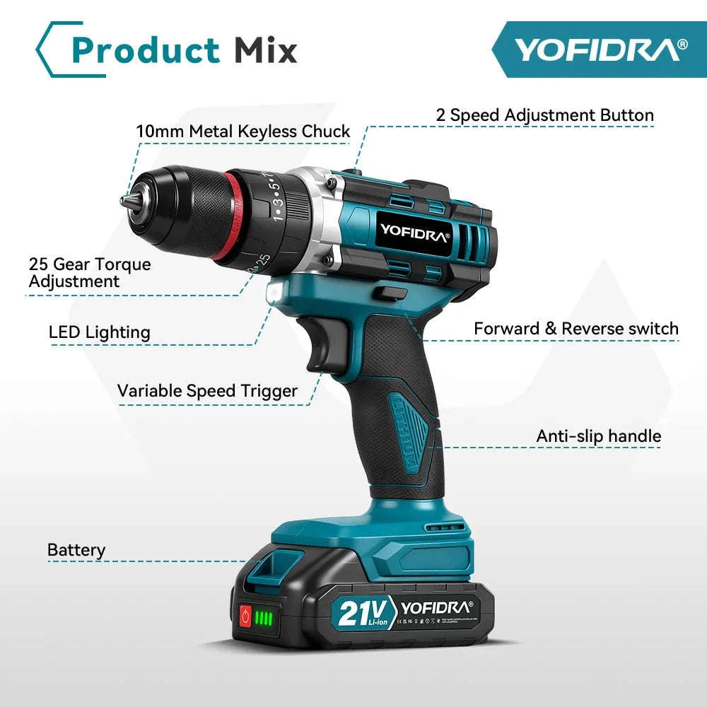 3-in-1 Cordless Impact Drill 21V 25+3 Torque 3/8 in Chuck-1 Battery / Germany