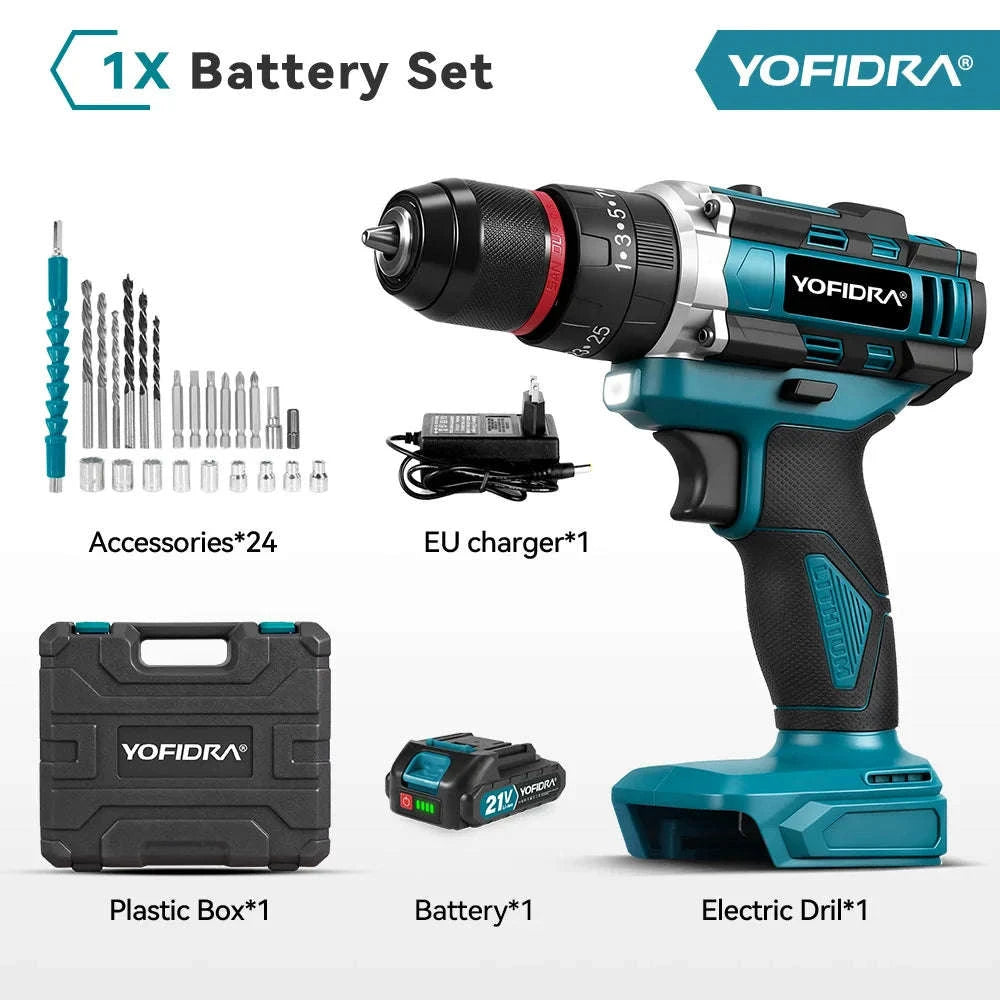 3-in-1 Cordless Impact Drill 21V 25+3 Torque 3/8 in Chuck-1 Battery / Germany