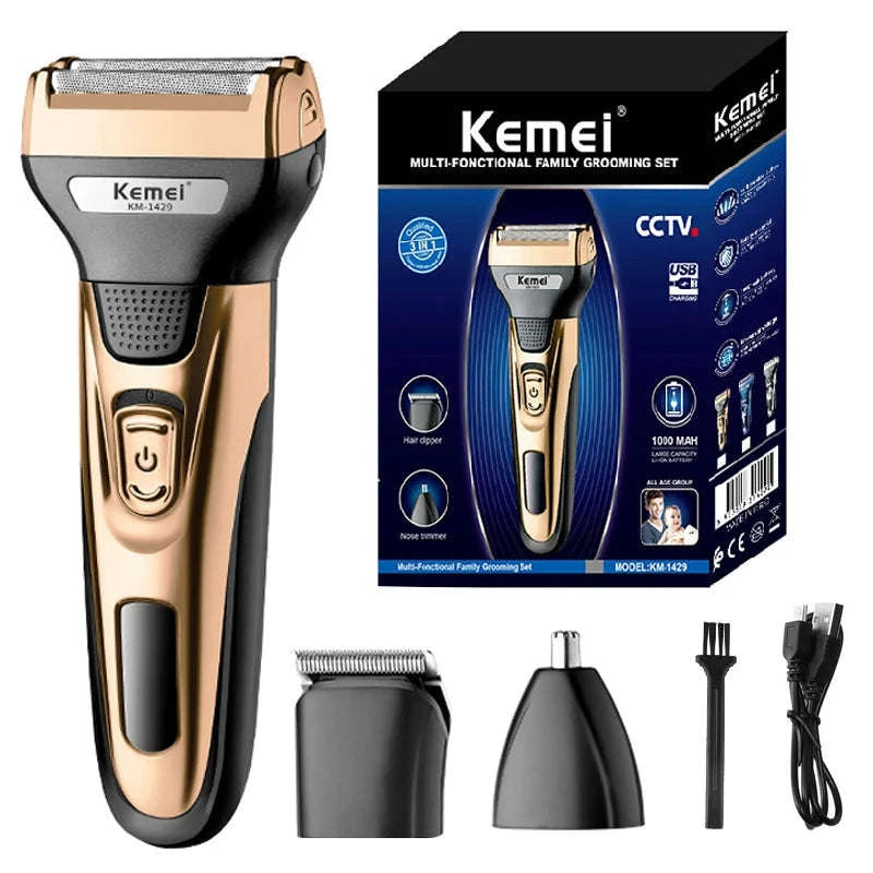 3-in-1 Electric Shaver & Grooming Kit for Beard, Nose, and Hair-km 1429 With box