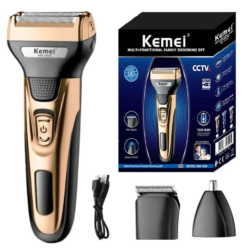 3-in-1 Electric Shaver & Grooming Kit for Beard, Nose, and Hair-km 1429 With box