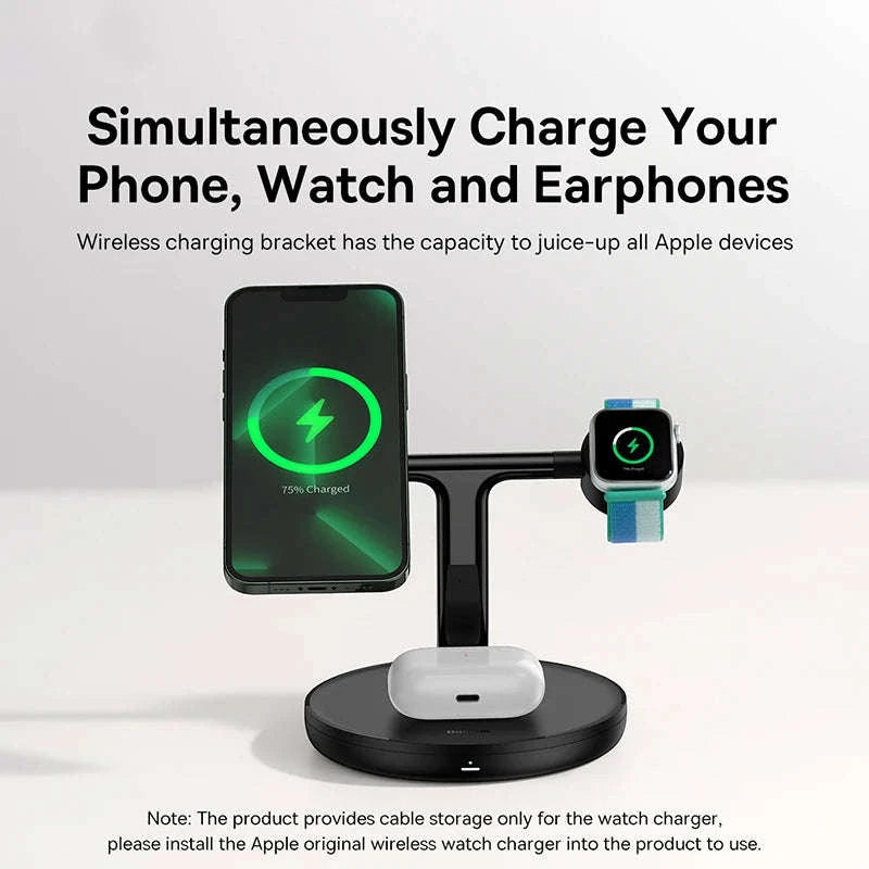3-in-1 Magnetic Wireless Charger Stand for iPhone, AirPods, Watch-Add 24W EU Plug