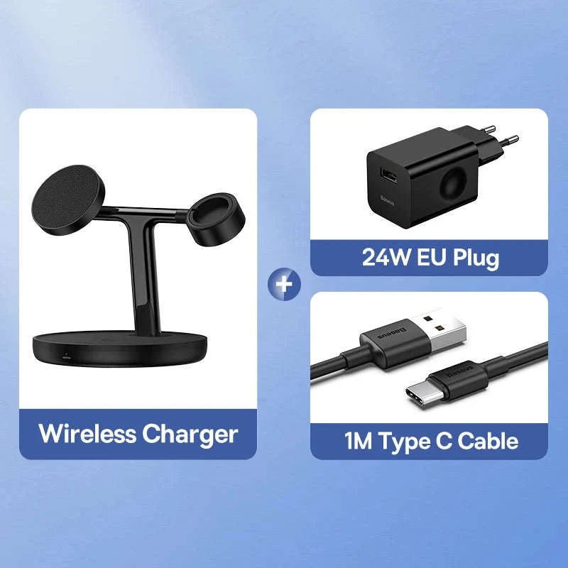 3-in-1 Magnetic Wireless Charger Stand for iPhone, AirPods, Watch-Add 24W EU Plug