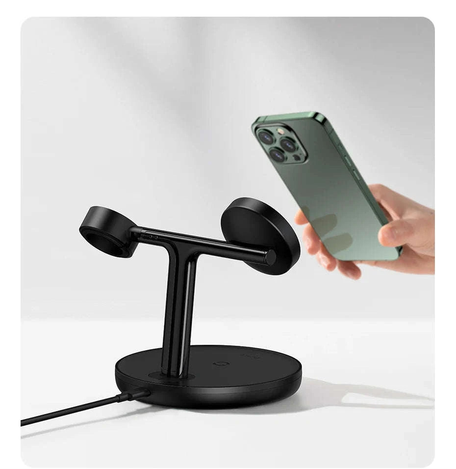 3-in-1 Magnetic Wireless Charger Stand for iPhone, AirPods, Watch-Add 24W EU Plug