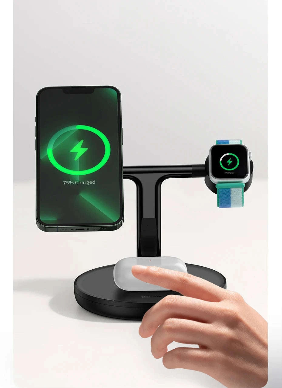 3-in-1 Magnetic Wireless Charger Stand for iPhone, AirPods, Watch-Add 24W EU Plug