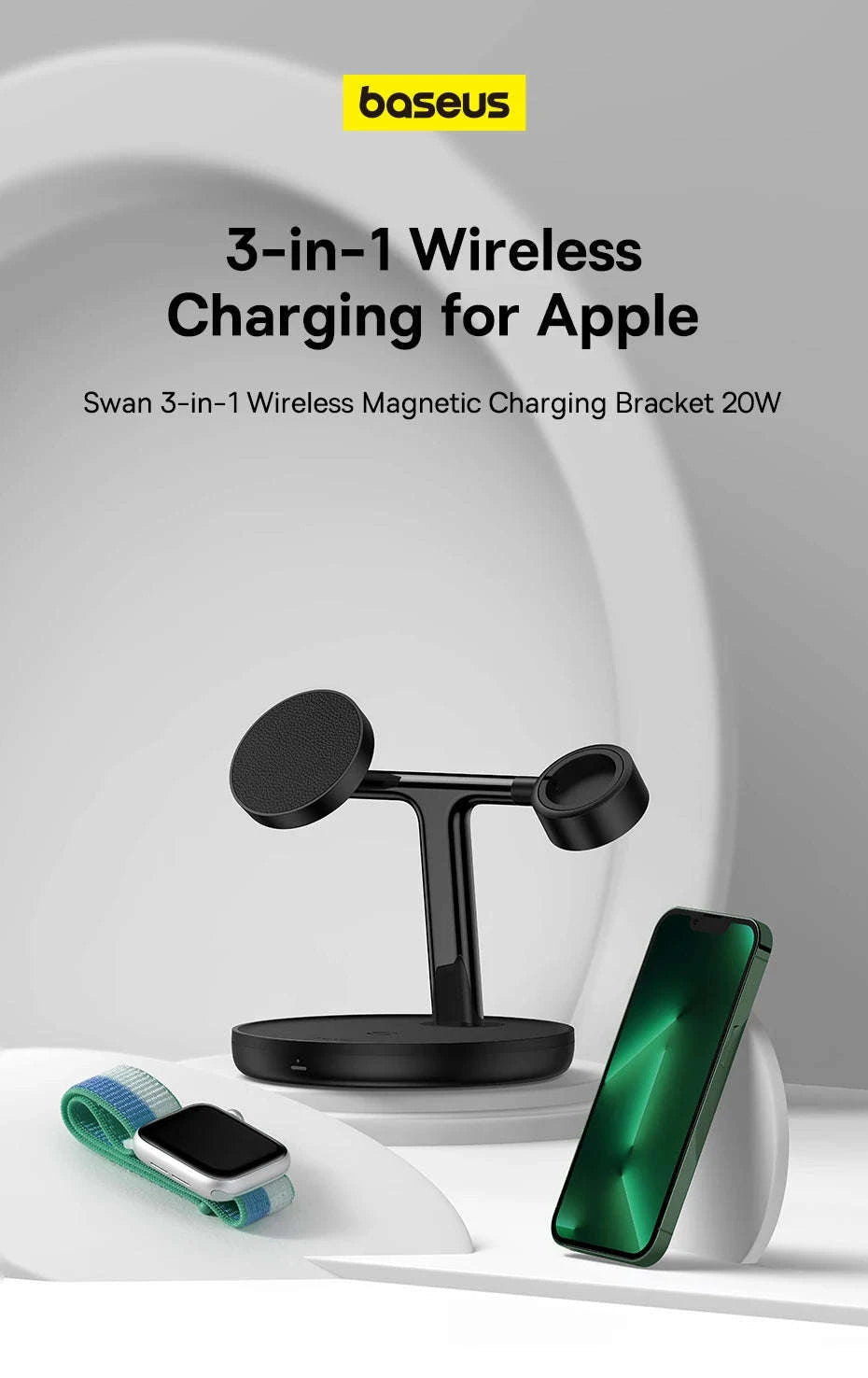 3-in-1 Magnetic Wireless Charger Stand for iPhone, AirPods, Watch-Add 24W EU Plug