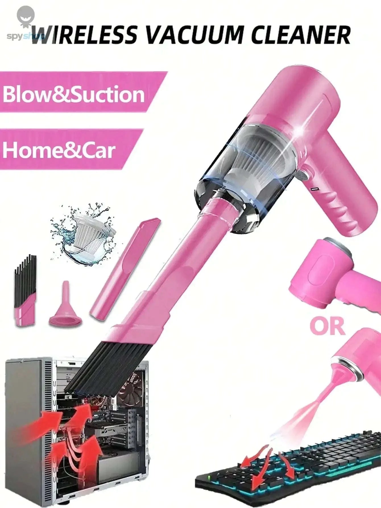 3‑in‑1 USB Portable Car Vacuum Cleaner – Compact Suction, Blower & Easy USB Charging-Pink
