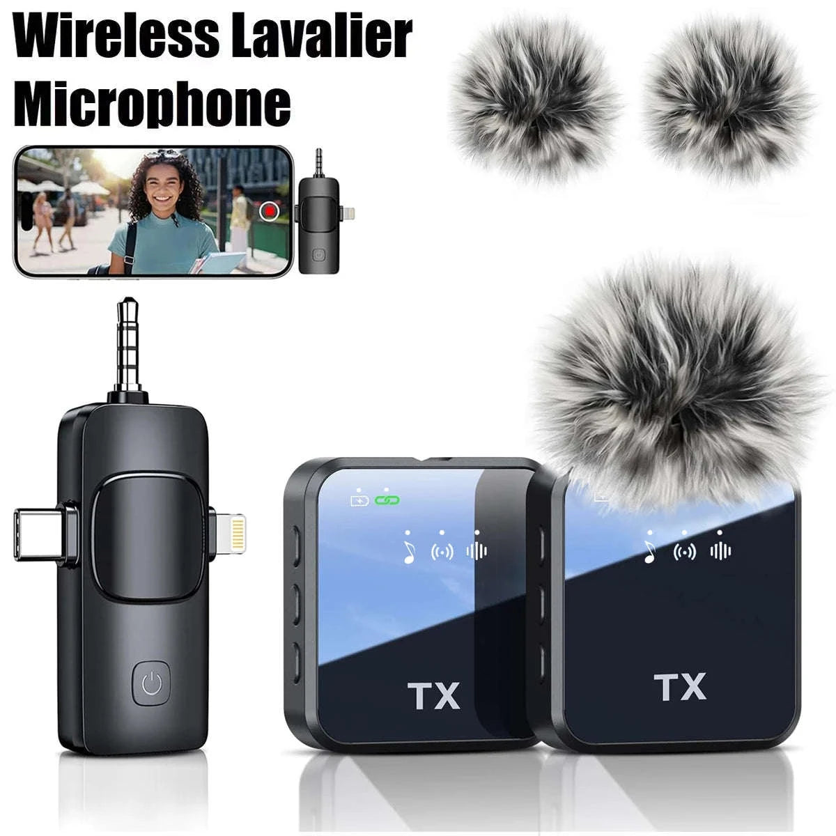 3‑in‑1 Wireless Lavalier Microphone for Camera, iPhone & Android-2PCS Lavalier Mic