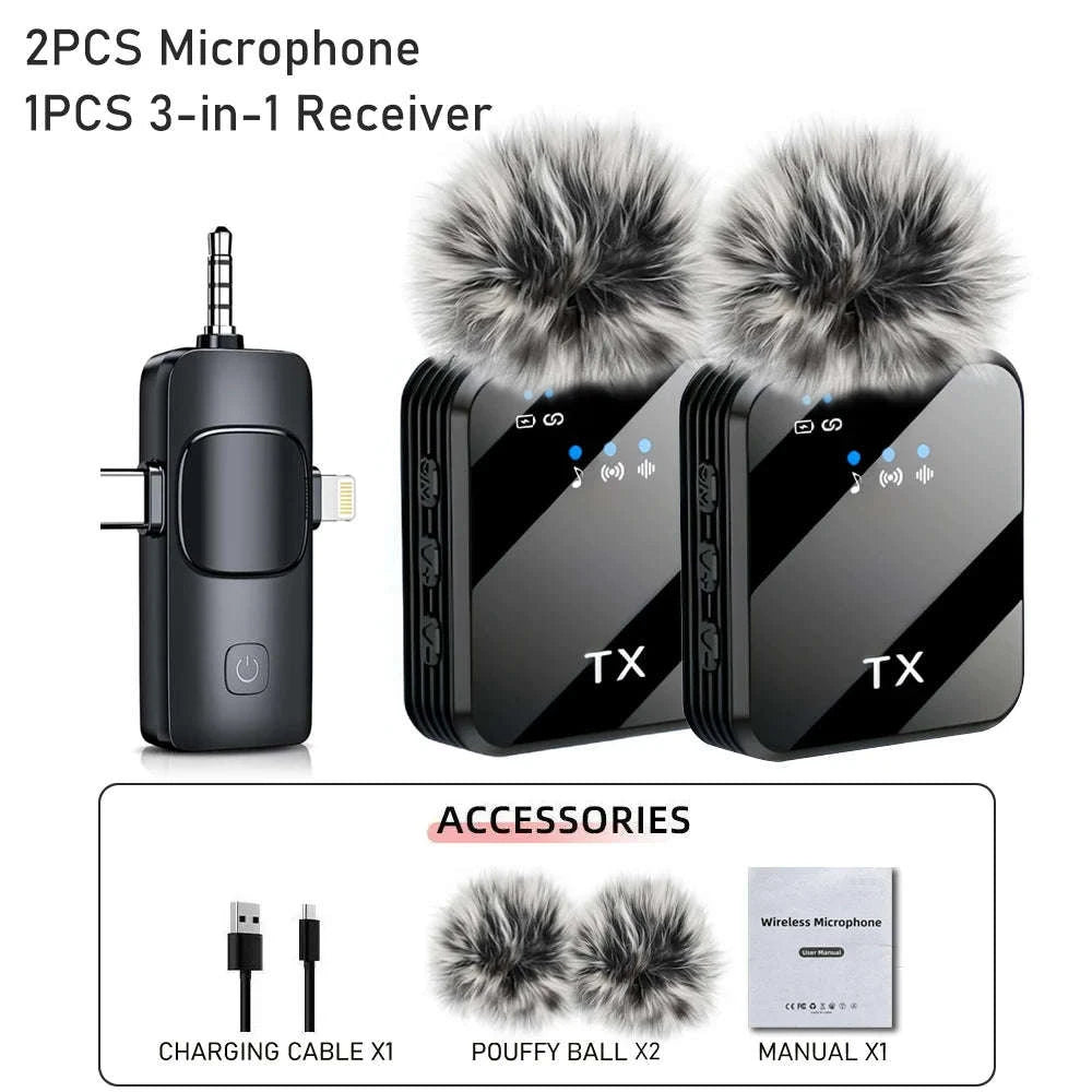 3‑in‑1 Wireless Lavalier Microphone for Camera, iPhone & Android-2PCS Lavalier Mic