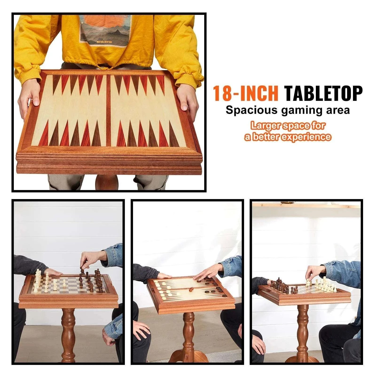 3-in-1 Wooden Chess Table Set 18" Chess, Checkers & Backgammon-18 Inch / United States