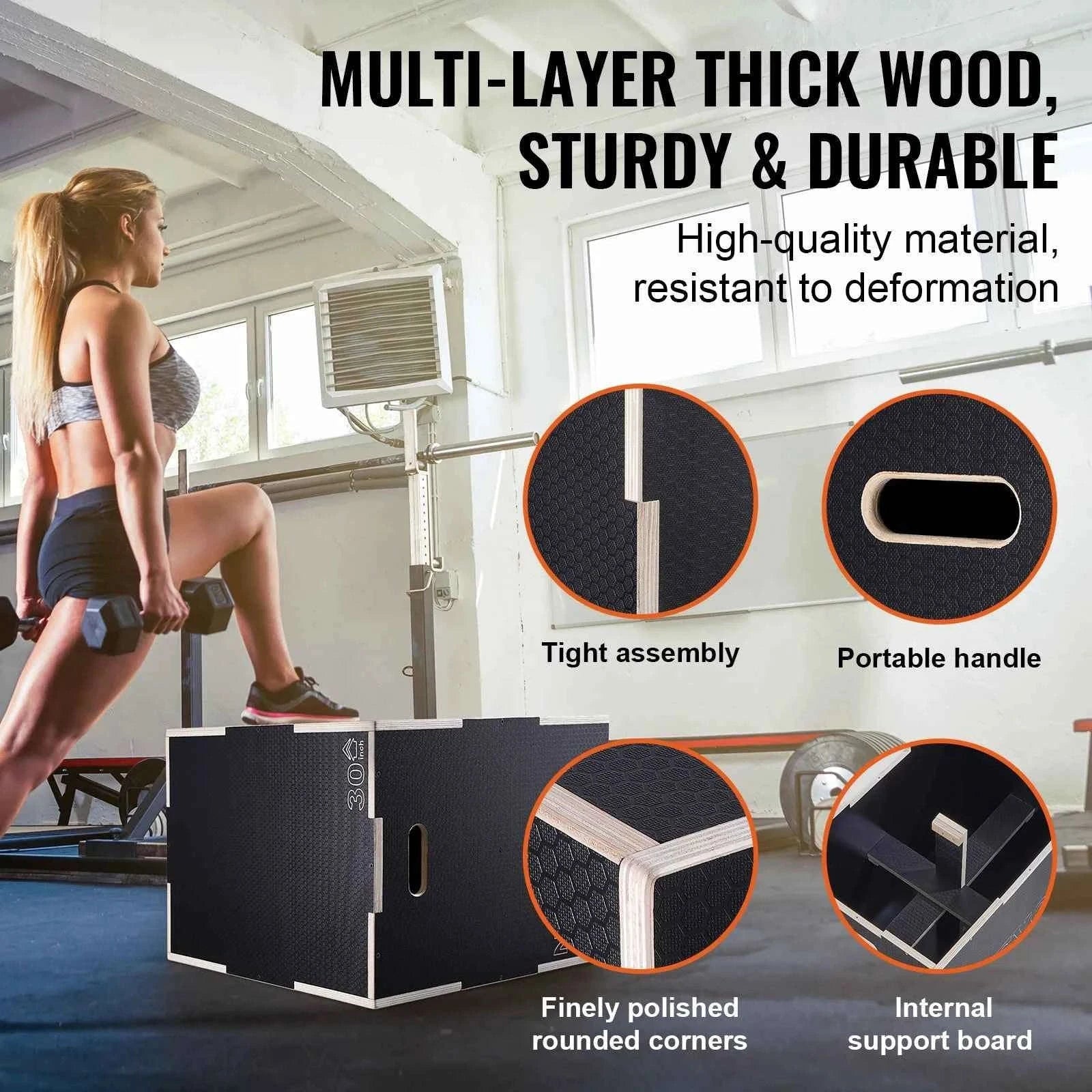 3-in-1 Wooden Plyometric Jump Box - Black-20x18x16inches / United States