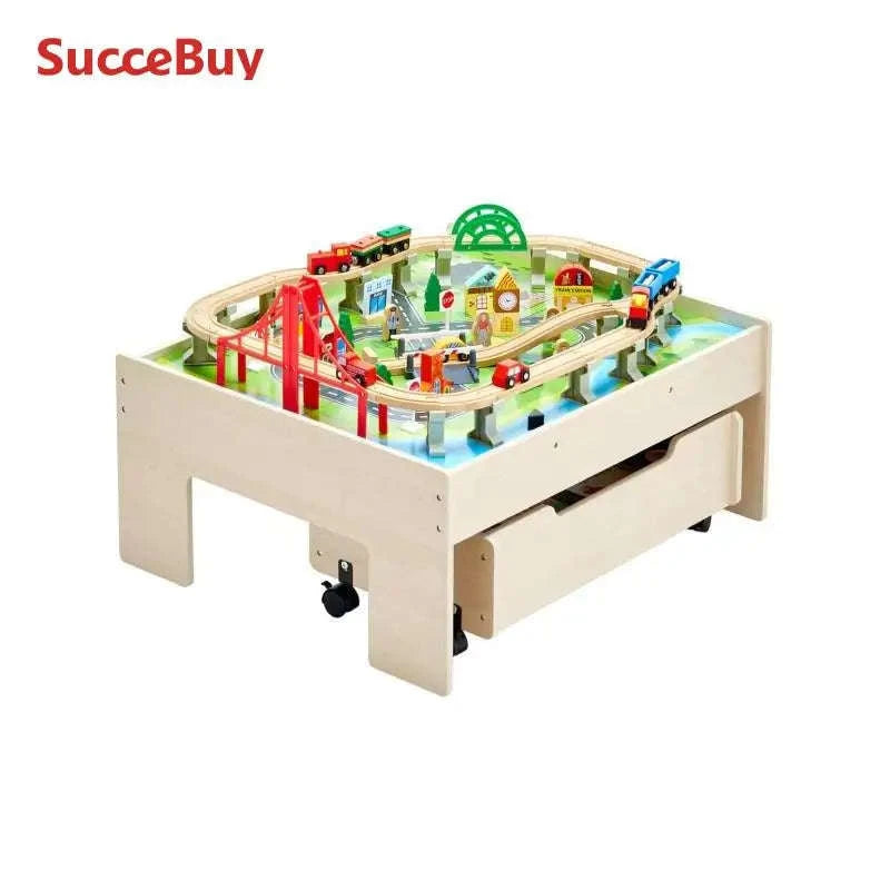 3-in-1 Wooden Train Table Toy Set 100-Piece Kids Activity Table with Rolling Drawer-100pcs / United Kingdom