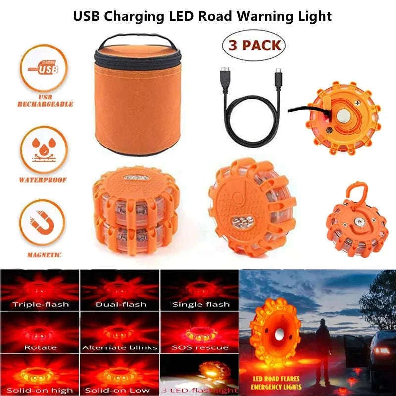 3 Pack LED Road Flares Rechargeable Emergency Warning Lights-3 Pack Rechargeable