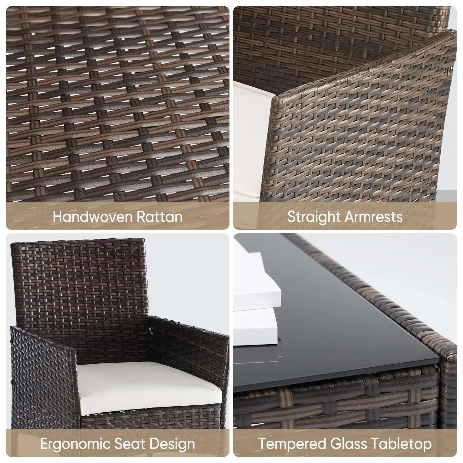 3-Piece Outdoor Rattan Patio Set with Cushions & Glass Table-Brown / United States