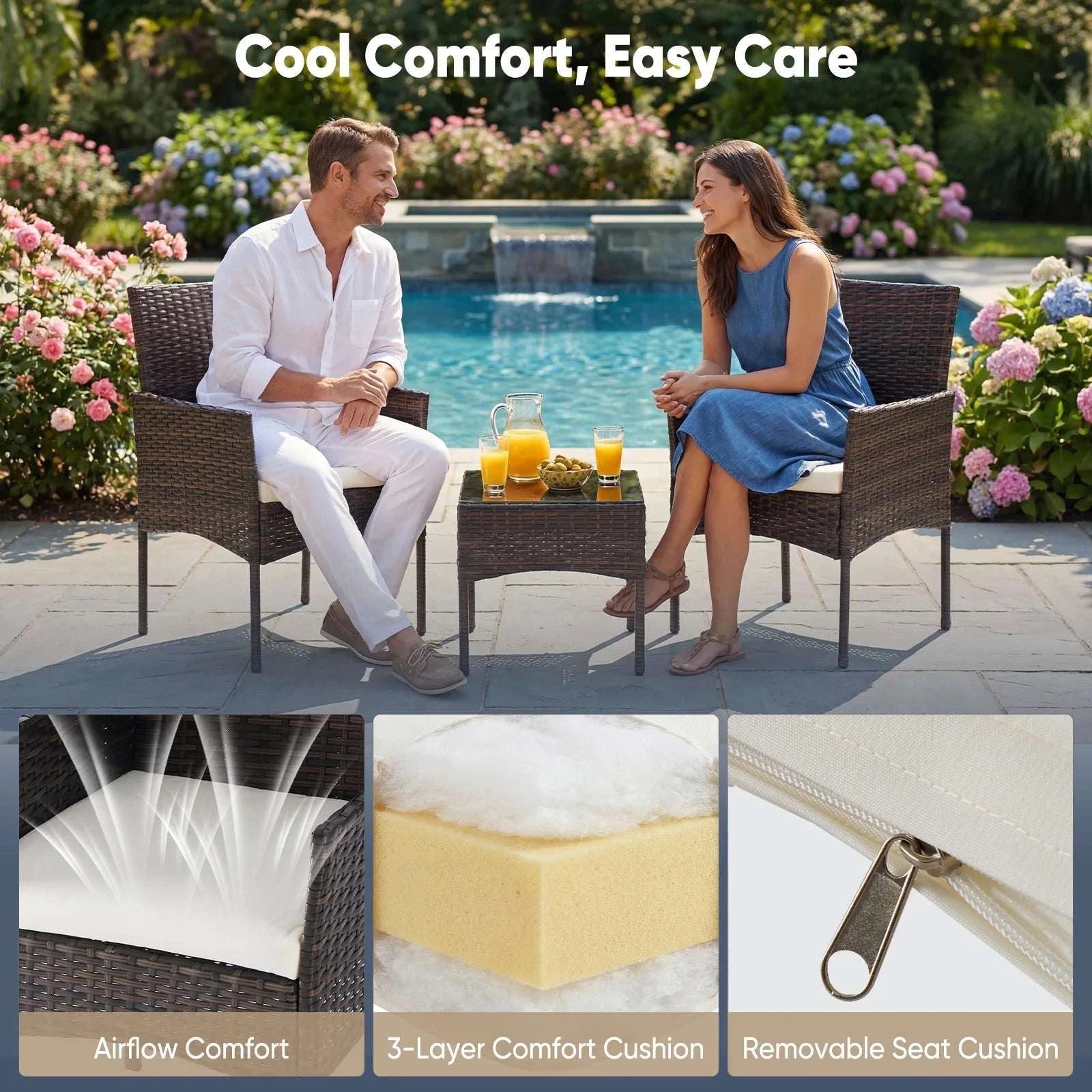 3-Piece Outdoor Rattan Patio Set with Cushions & Glass Table-Brown / United States