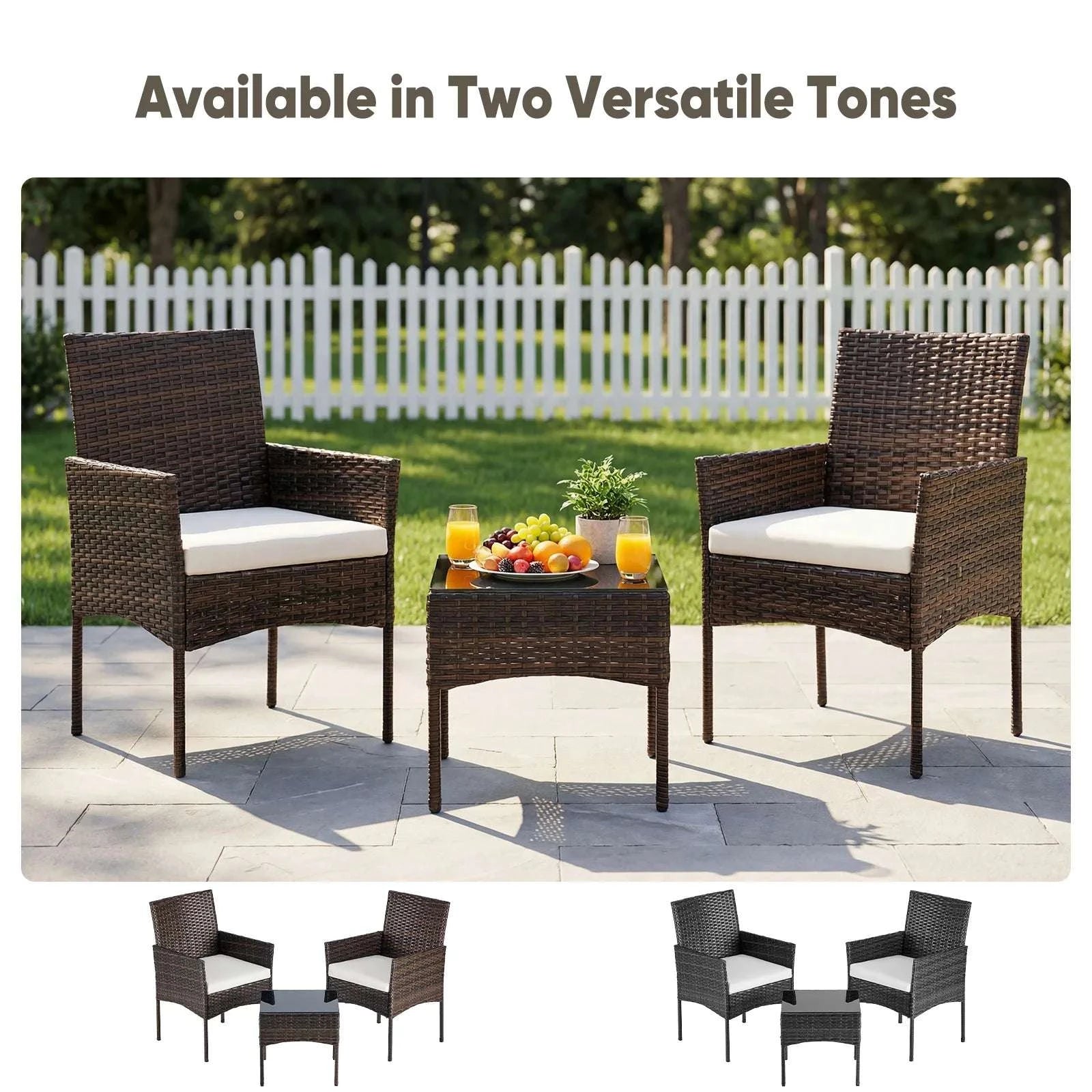 3-Piece Outdoor Rattan Patio Set with Cushions & Glass Table-Brown / United States
