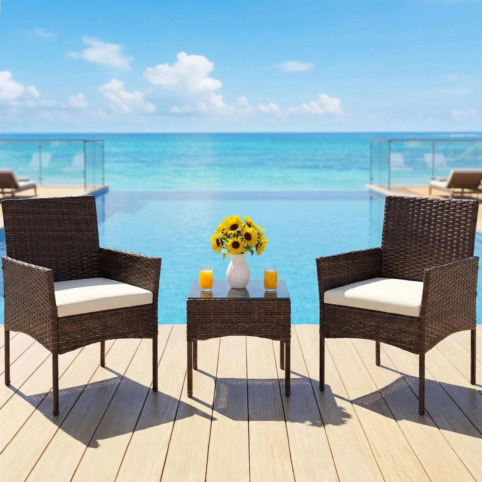 3-Piece Outdoor Rattan Patio Set with Cushions & Glass Table-Brown / United States