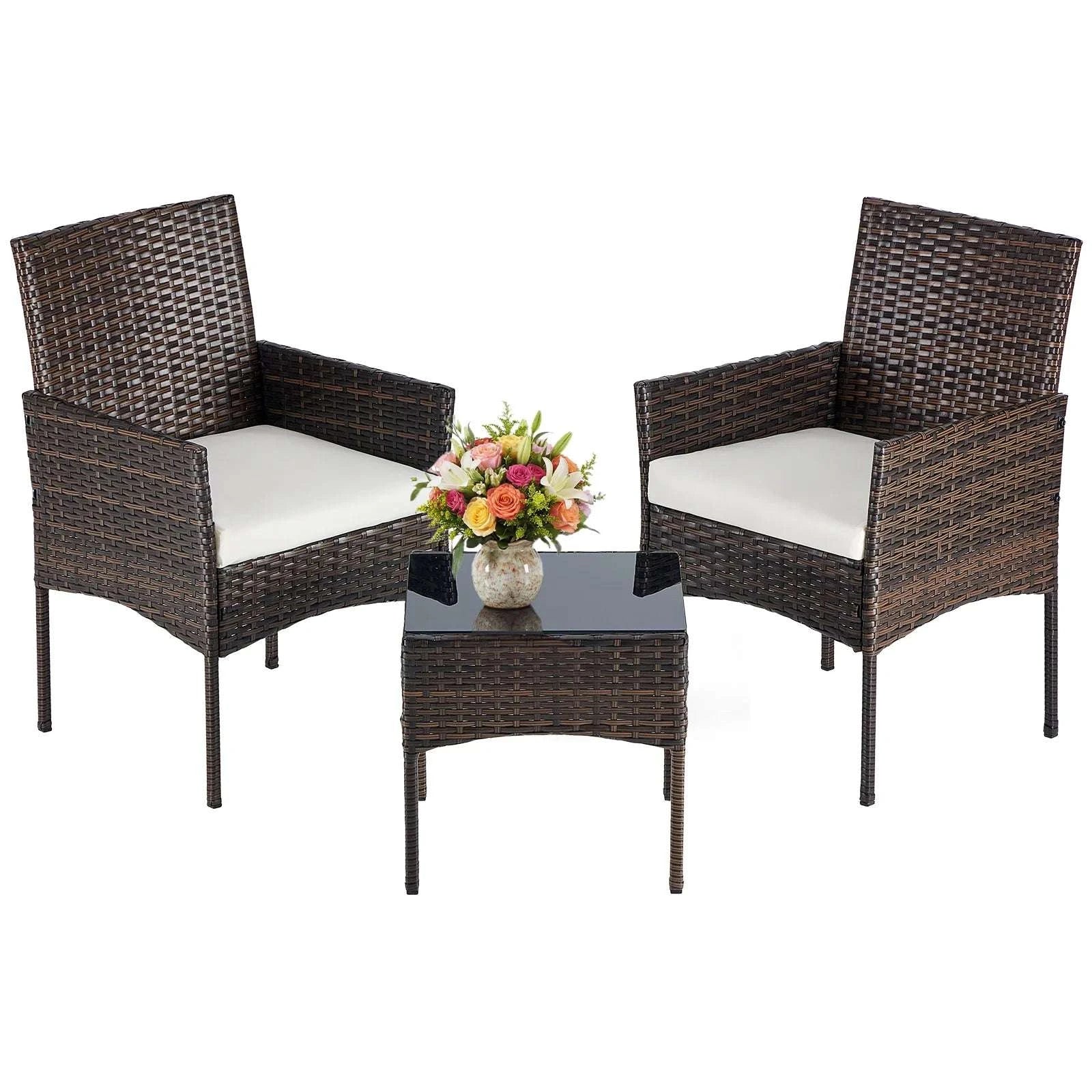 3-Piece Outdoor Rattan Patio Set with Cushions & Glass Table-Brown / United States