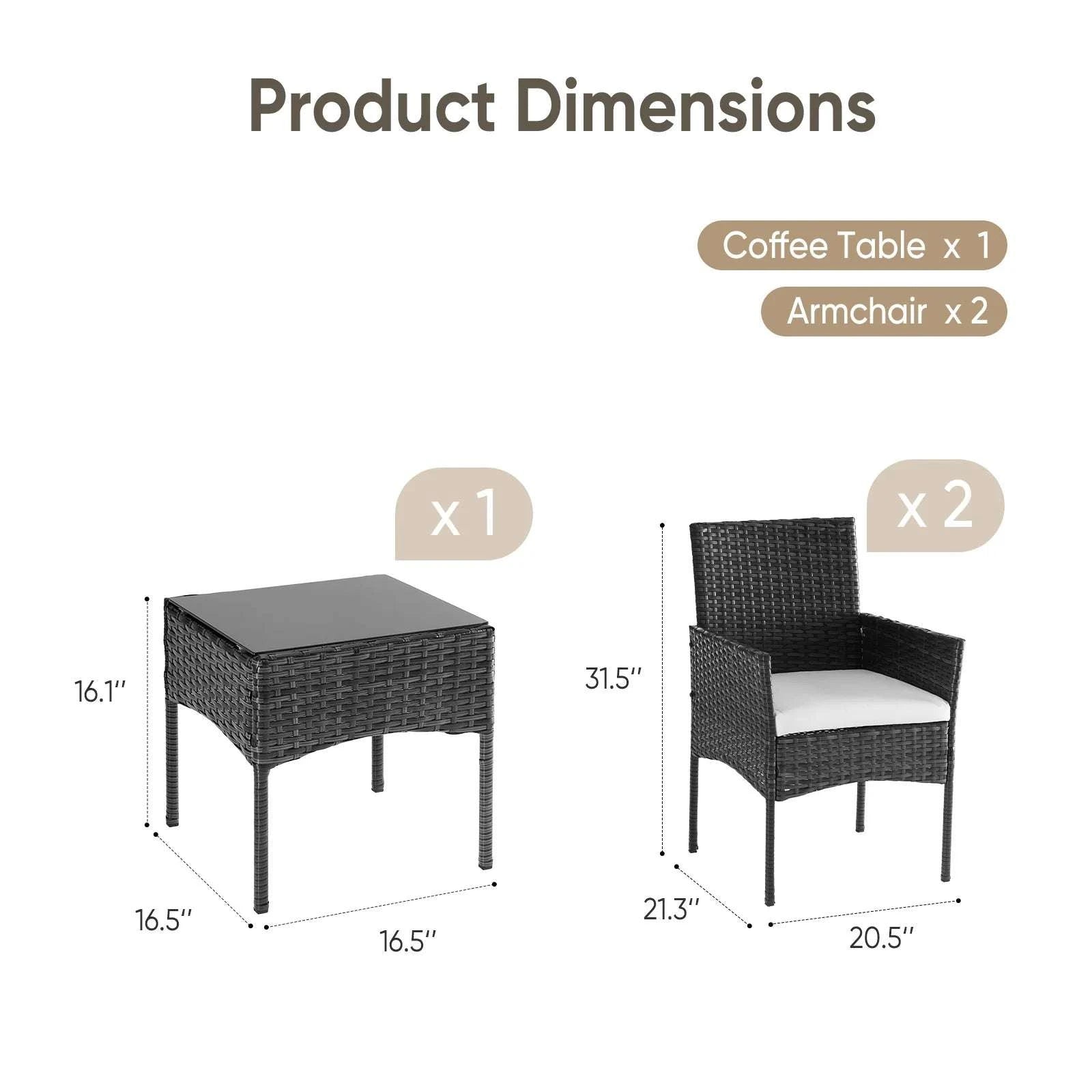3-Piece Outdoor Rattan Patio Set with Cushions & Glass Table-Brown / United States
