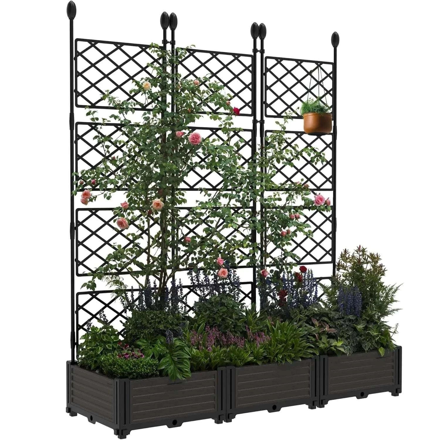 3-Piece Raised Planter Box with Trellis for Climbing Plants-United States