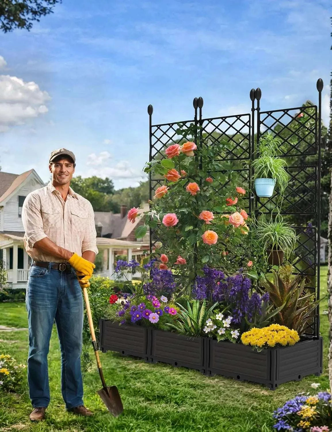 3-Piece Raised Planter Box with Trellis for Climbing Plants-United States