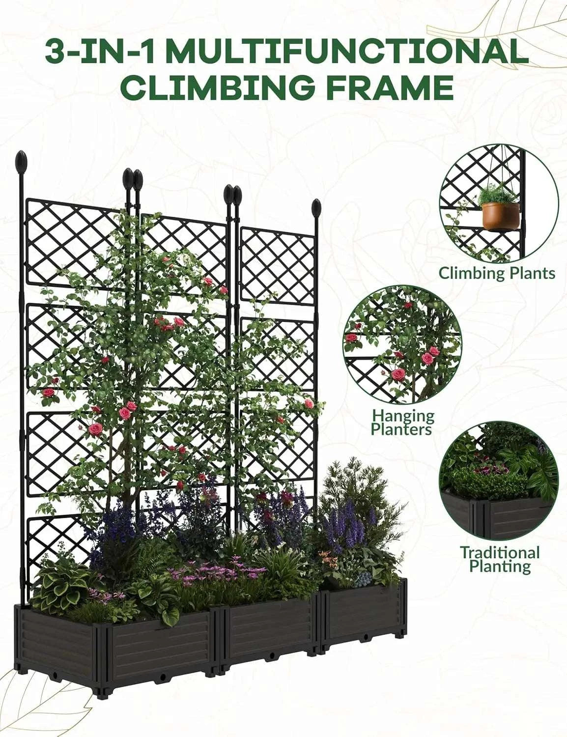 3-Piece Raised Planter Box with Trellis for Climbing Plants-United States
