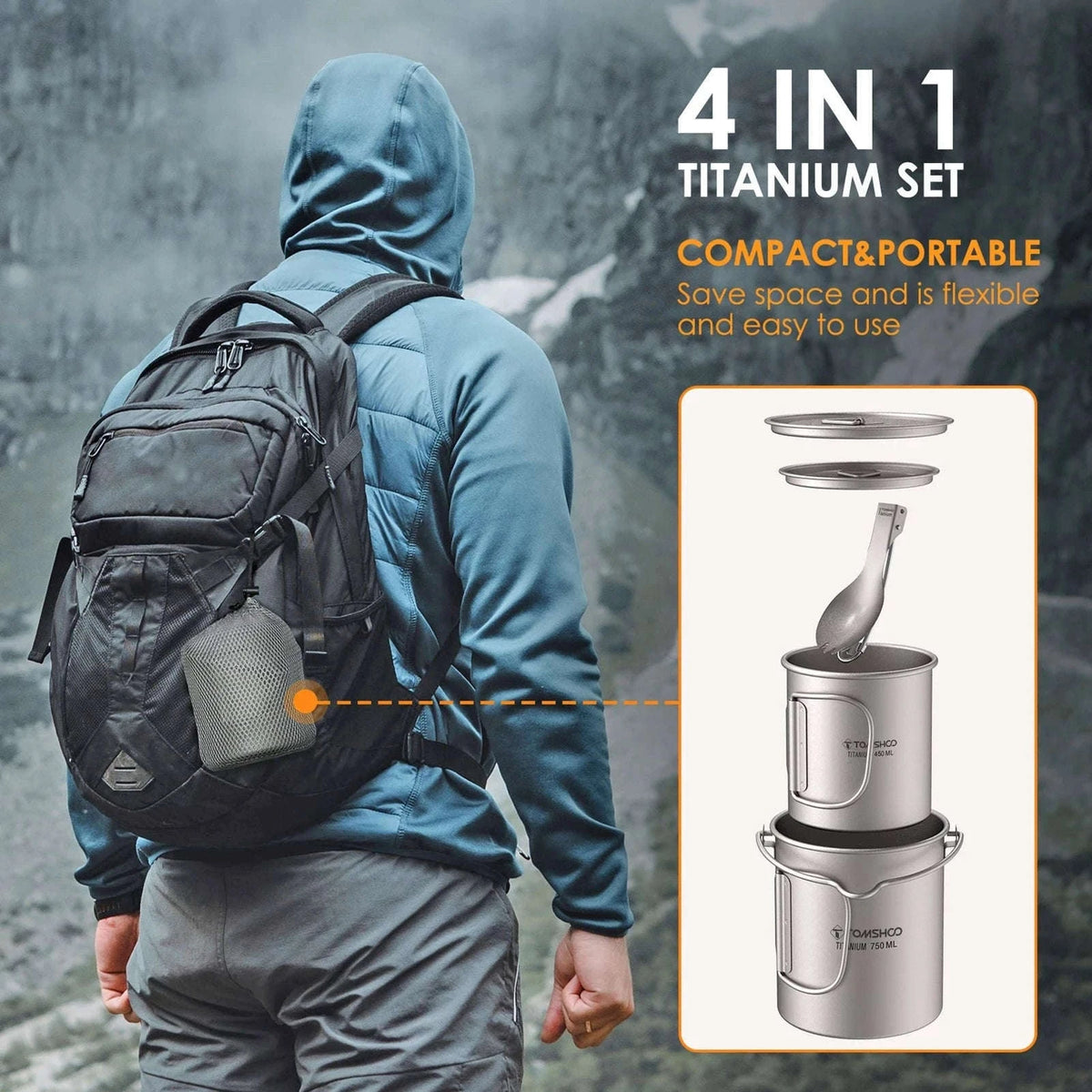 3-Piece Titanium Cookware Set with 750ml Pot, 450ml Cup, Folding Spork-750ml Pot