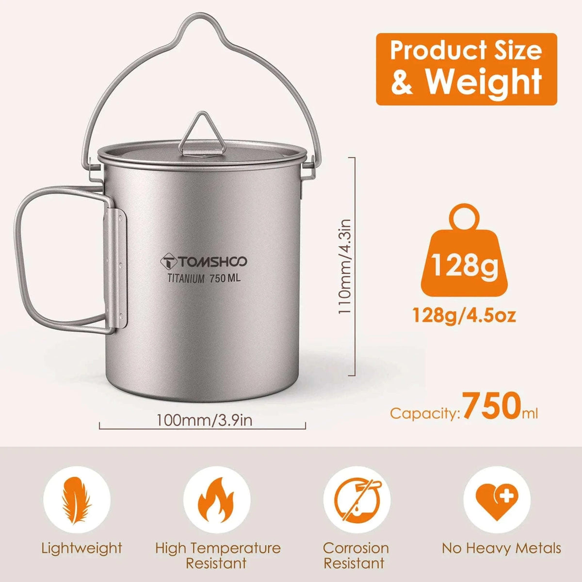 3-Piece Titanium Cookware Set with 750ml Pot, 450ml Cup, Folding Spork-750ml Pot