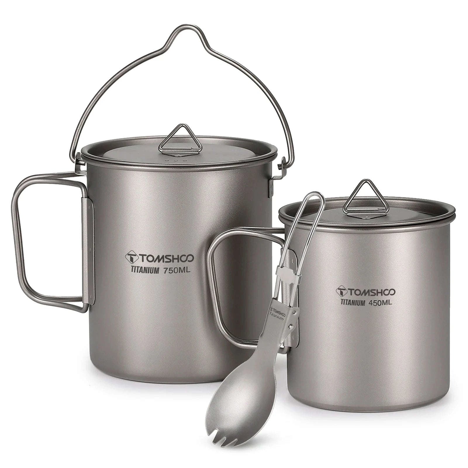 3-Piece Titanium Cookware Set with 750ml Pot, 450ml Cup, Folding Spork-750ml Pot