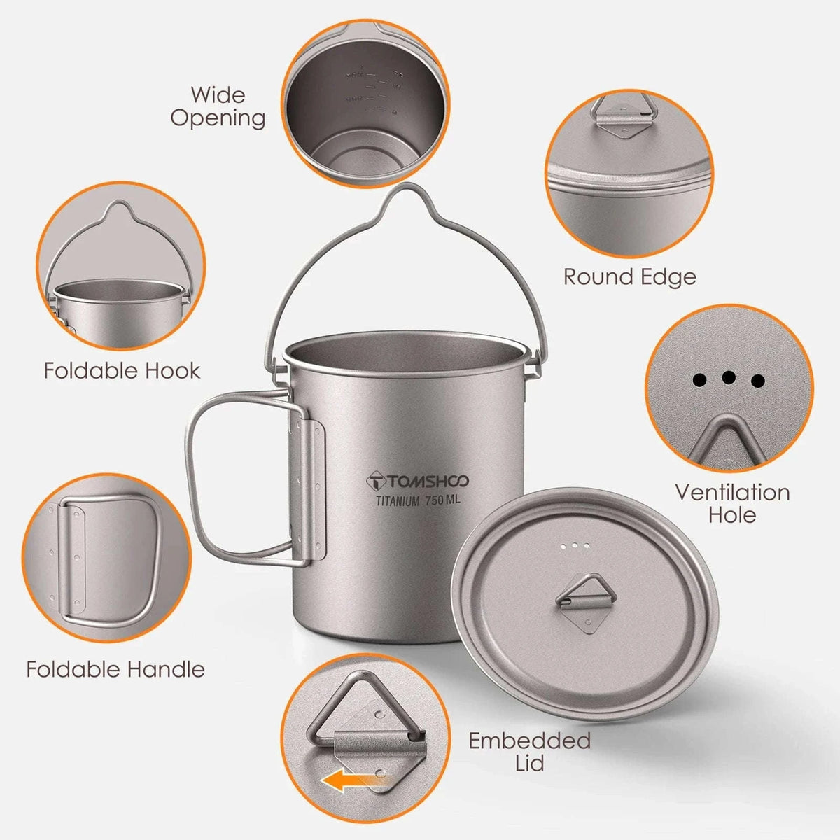 3-Piece Titanium Cookware Set with 750ml Pot, 450ml Cup, Folding Spork-750ml Pot