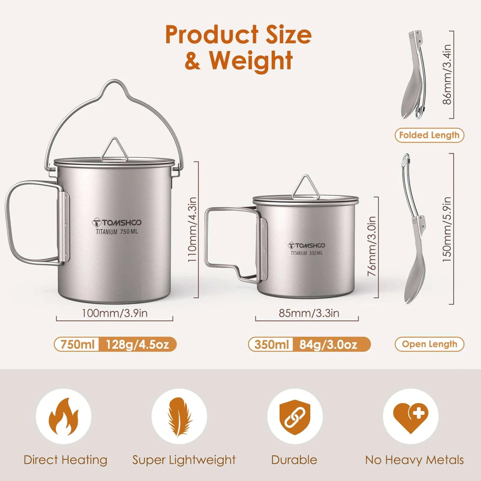 3-Piece Titanium Cookware Set with 750ml Pot, 450ml Cup, Folding Spork-750ml Pot