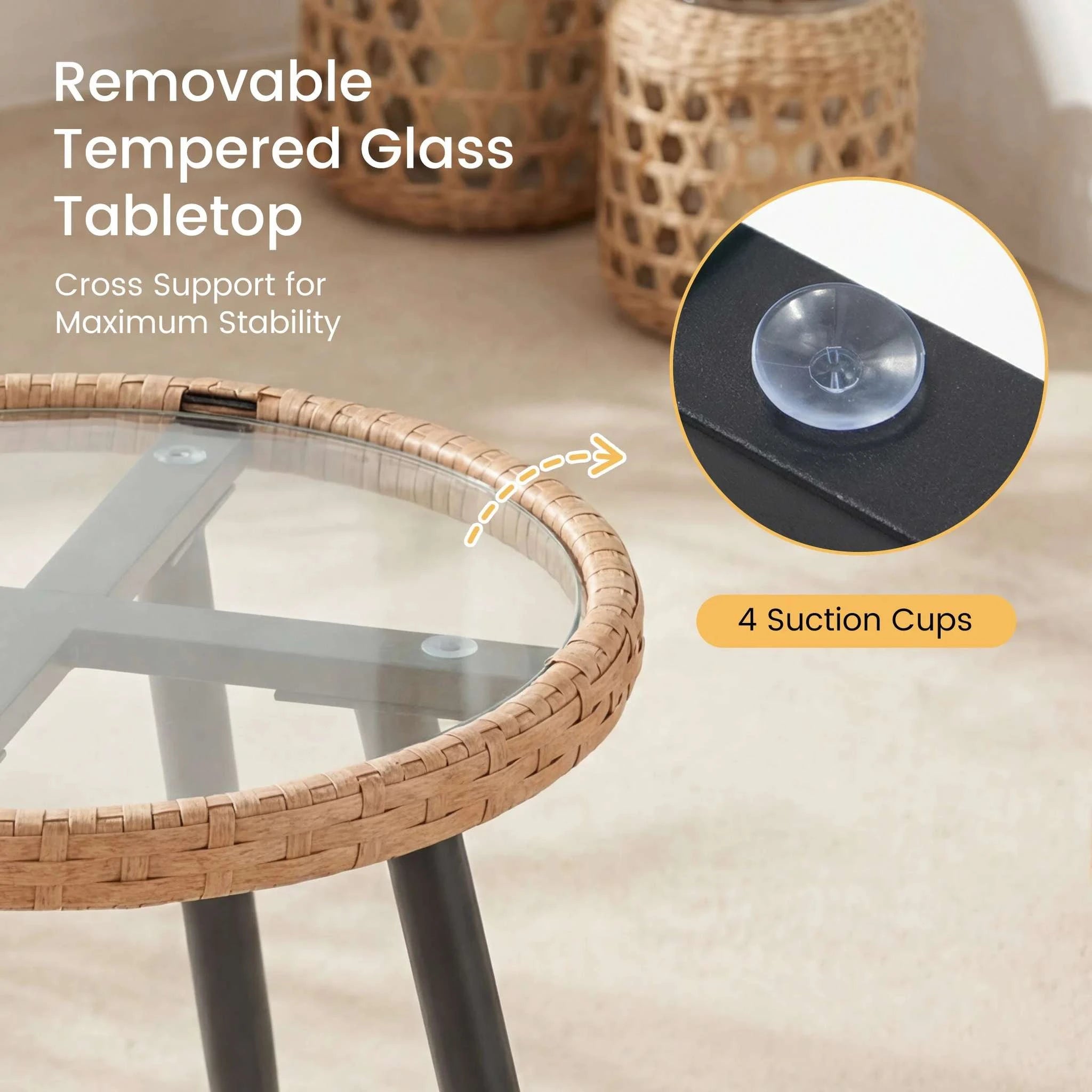 3-Piece Wicker Patio Set with Cushions and Glass Table-Gray Blue / United States