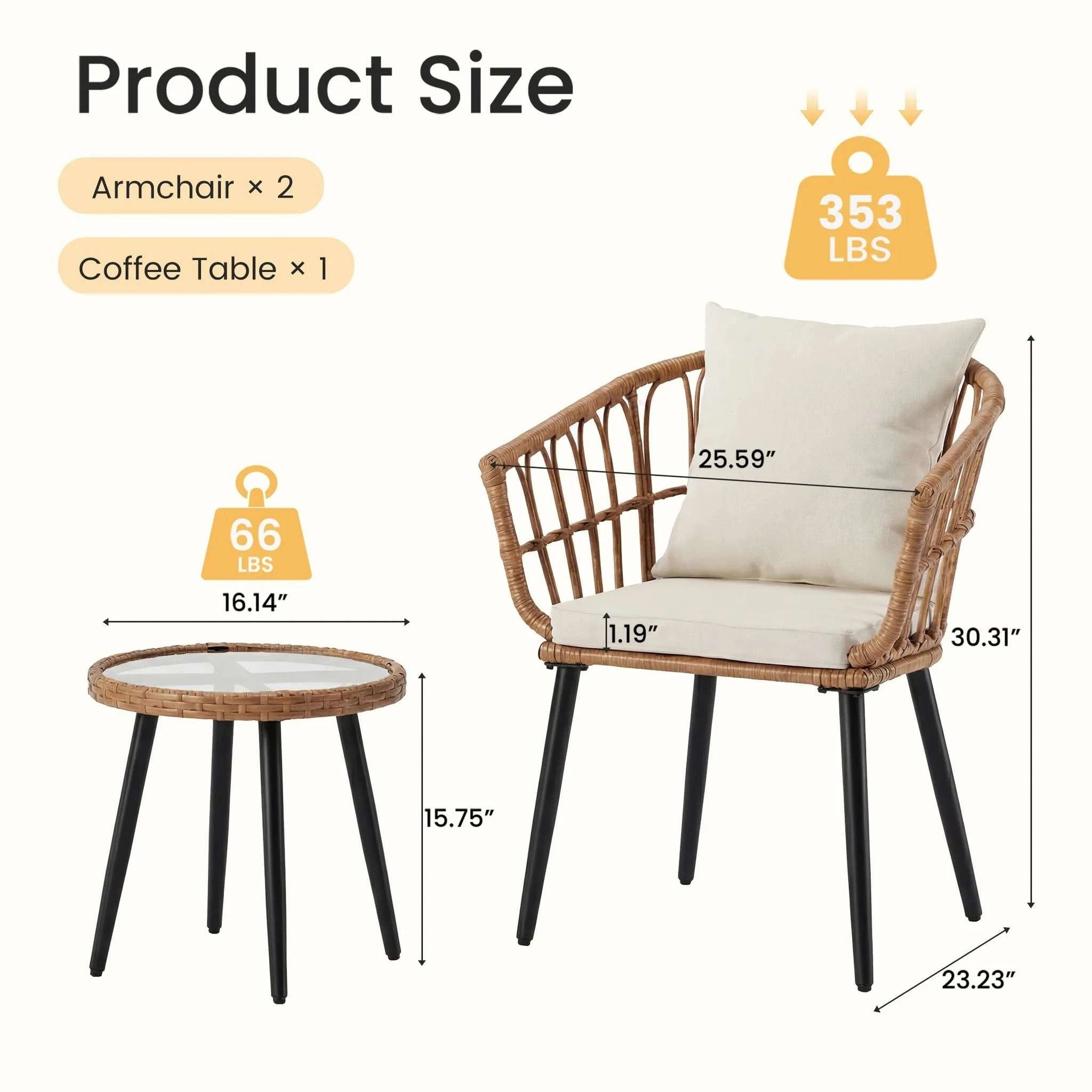 3-Piece Wicker Patio Set with Cushions and Glass Table-Gray Blue / United States