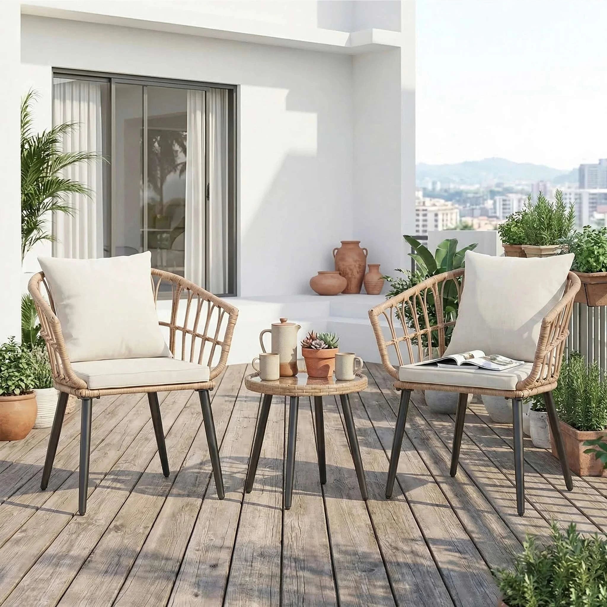 3-Piece Wicker Patio Set with Cushions and Glass Table-Gray Blue / United States