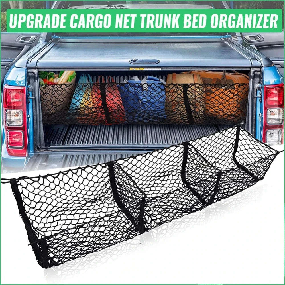 3-Pocket Stretch Cargo Net Trunk Storage Organizer with Mount Kit-Default Title