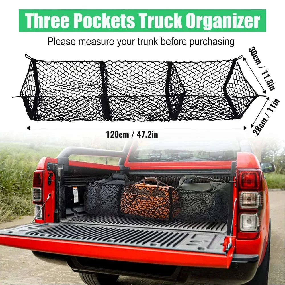 3-Pocket Stretch Cargo Net Trunk Storage Organizer with Mount Kit-Default Title