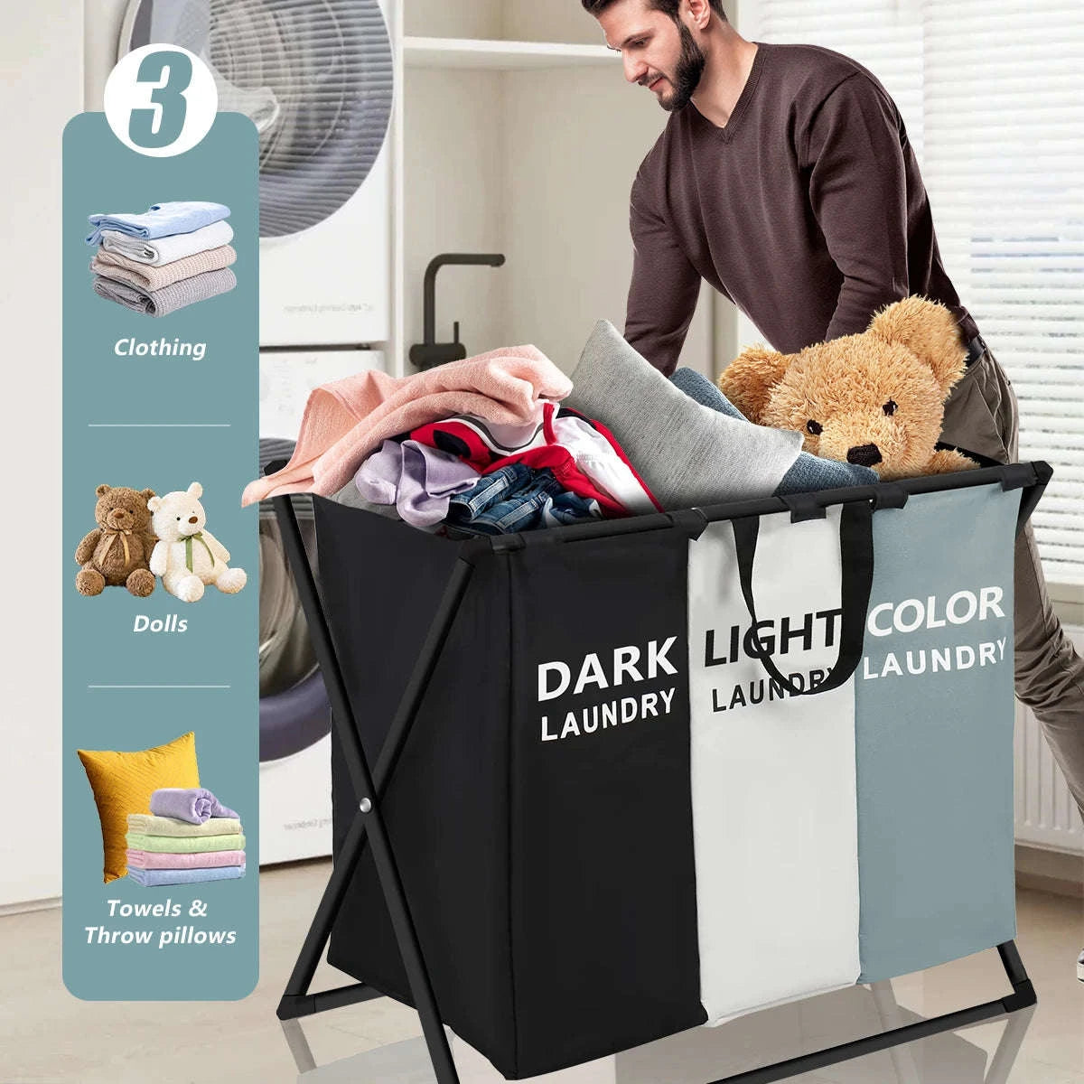 3-Section Laundry Basket with Divider Foldable Hamper Organizer-1pcs / United States