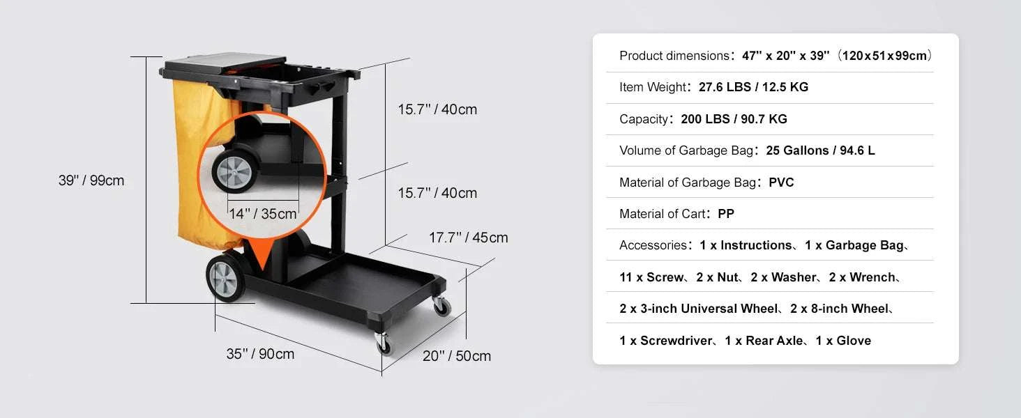 3-Shelf Commercial Cleaning Cart with 25 Gallon Bag, 200 lbs Capacity-Black with Cover / United States