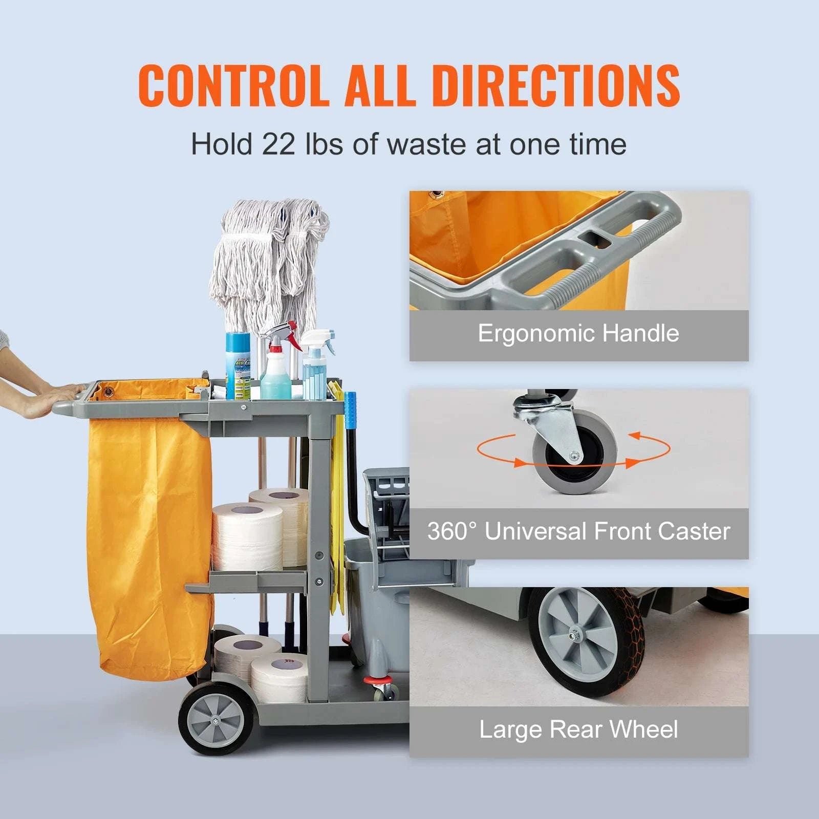 3-Shelf Commercial Cleaning Cart with 25 Gallon Bag, 200 lbs Capacity-Black with Cover / United States