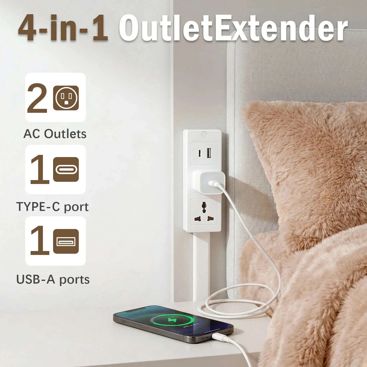 3 Style Retractable Sockets in Various Shapes US Plug Power Strip with AC Outlets USB Port(USB-A/C),Adjustable Electrical Outlet Extender Stick,Multi Socket Wall Socket Universal for Hard-to-Reach Wall Outlets Behind Couch,Be-WHITE / Round /