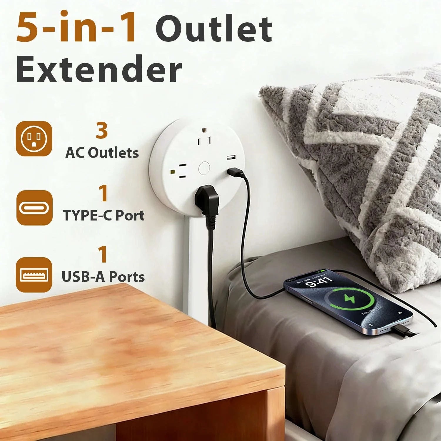 3 Style Retractable Sockets in Various Shapes US Plug Power Strip with AC Outlets USB Port(USB-A/C),Adjustable Electrical Outlet Extender Stick,Multi Socket Wall Socket Universal for Hard-to-Reach Wall Outlets Behind Couch,Be-WHITE / Round /