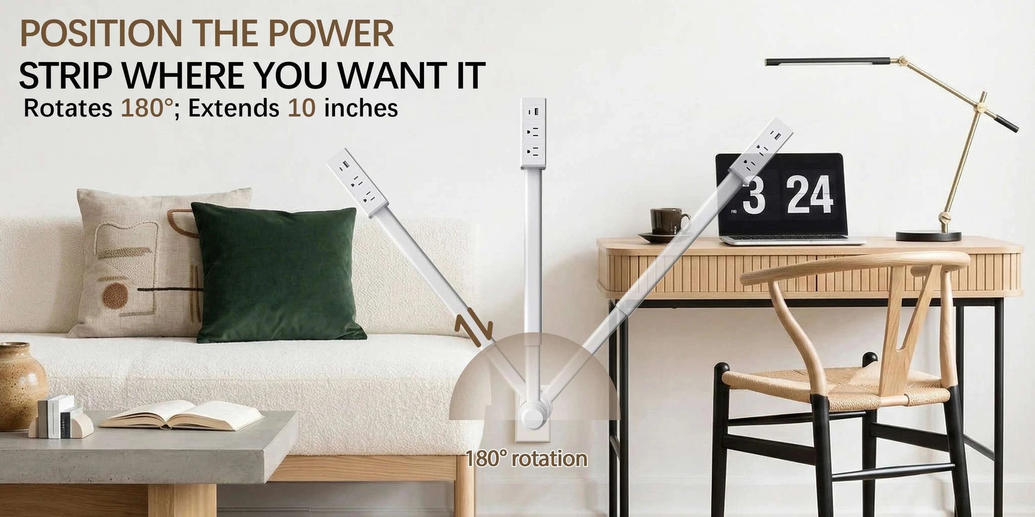 3 Style Retractable Sockets in Various Shapes US Plug Power Strip with AC Outlets USB Port(USB-A/C),Adjustable Electrical Outlet Extender Stick,Multi Socket Wall Socket Universal for Hard-to-Reach Wall Outlets Behind Couch,Be-WHITE / Round /